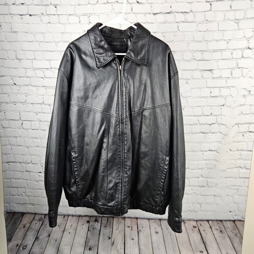 Roundtree & Yorke Mens Black Genuine Leather Bomber Jacket 2XLT Tall Full Zip